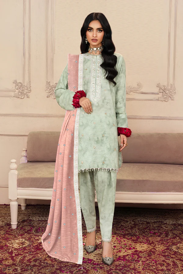 3 Pc Khaddar Suit - Embroidered Dyed Shawl - Image 2