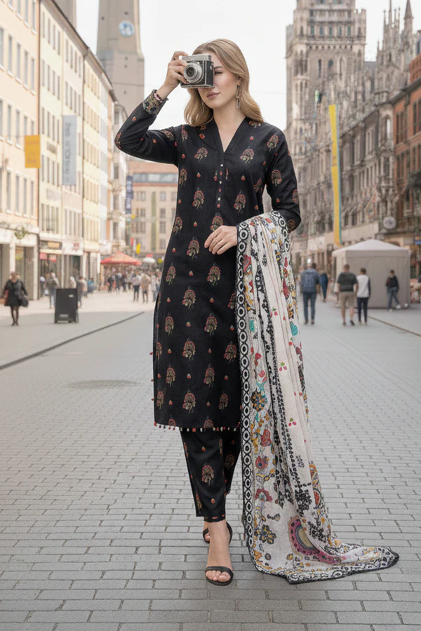 Printed - 3 Pc Slub Karandi Suit - Image 2