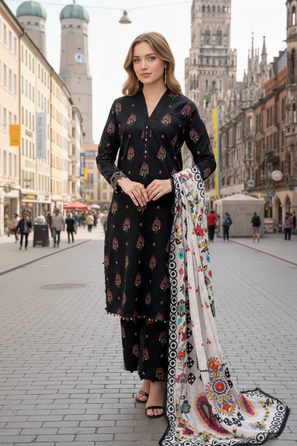 Printed - 3 Pc Slub Karandi Suit - Image 3