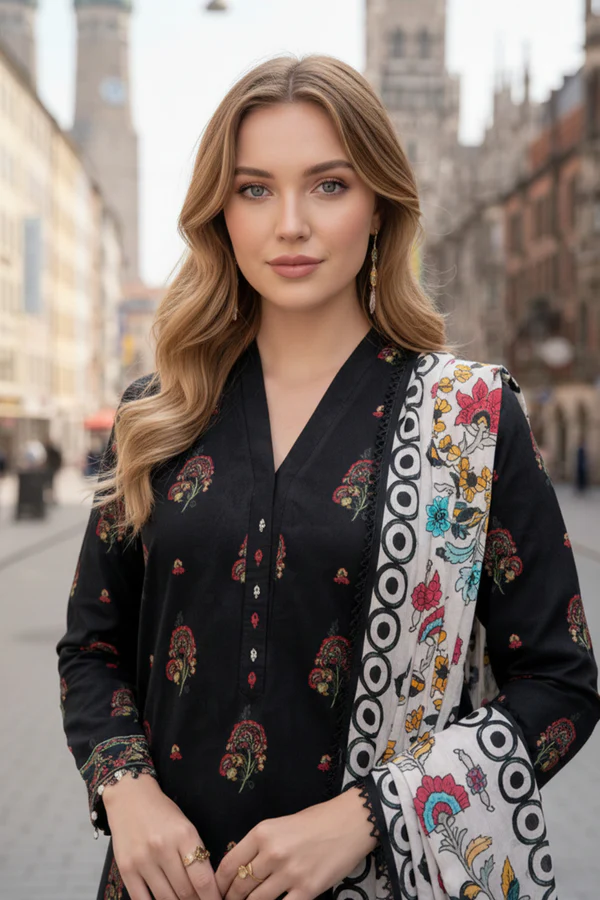 Printed - 3 Pc Slub Karandi Suit - Image 5