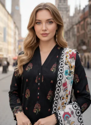 Printed - 3 Pc Slub Karandi Suit