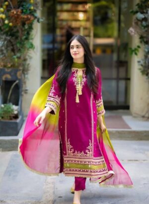 Magenta Floral Embroidered Lawn Set