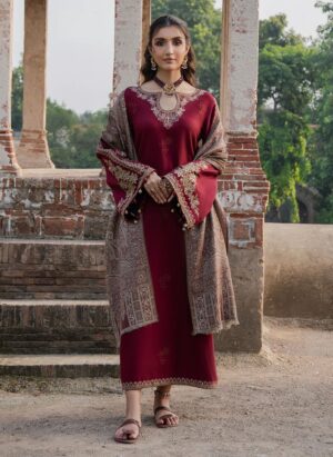 Deep Maroon Embroidered Lawn with Royal Shawl Dupatta