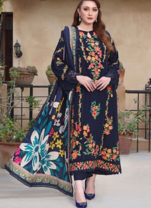 Navy Blue Embroidered Lawn Suit with Vibrant Floral Dupatta