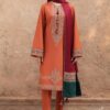 3-Pc Rust Lawn Kurta with Intricate Neckline & Contrast Dupatta
