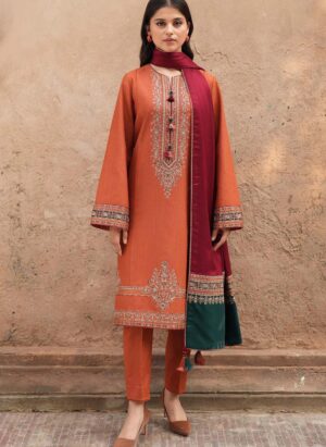 3-Pc Rust Lawn Kurta with Intricate Neckline & Contrast Dupatta