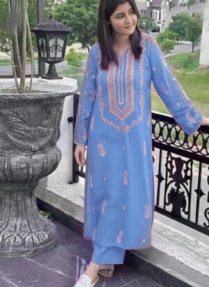 ​Classic Blue Kurta with Copper Paisley Embroidery & Matching Trousers