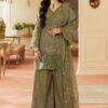 Olive Green Embroidered 3-Piece Suit with Wide-Leg Trousers