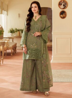 Olive Green Embroidered 3-Piece Suit with Wide-Leg Trousers