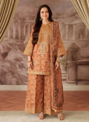 Amber Glow: Heavily Embroidered Rust Kurta with Flared Palazzo